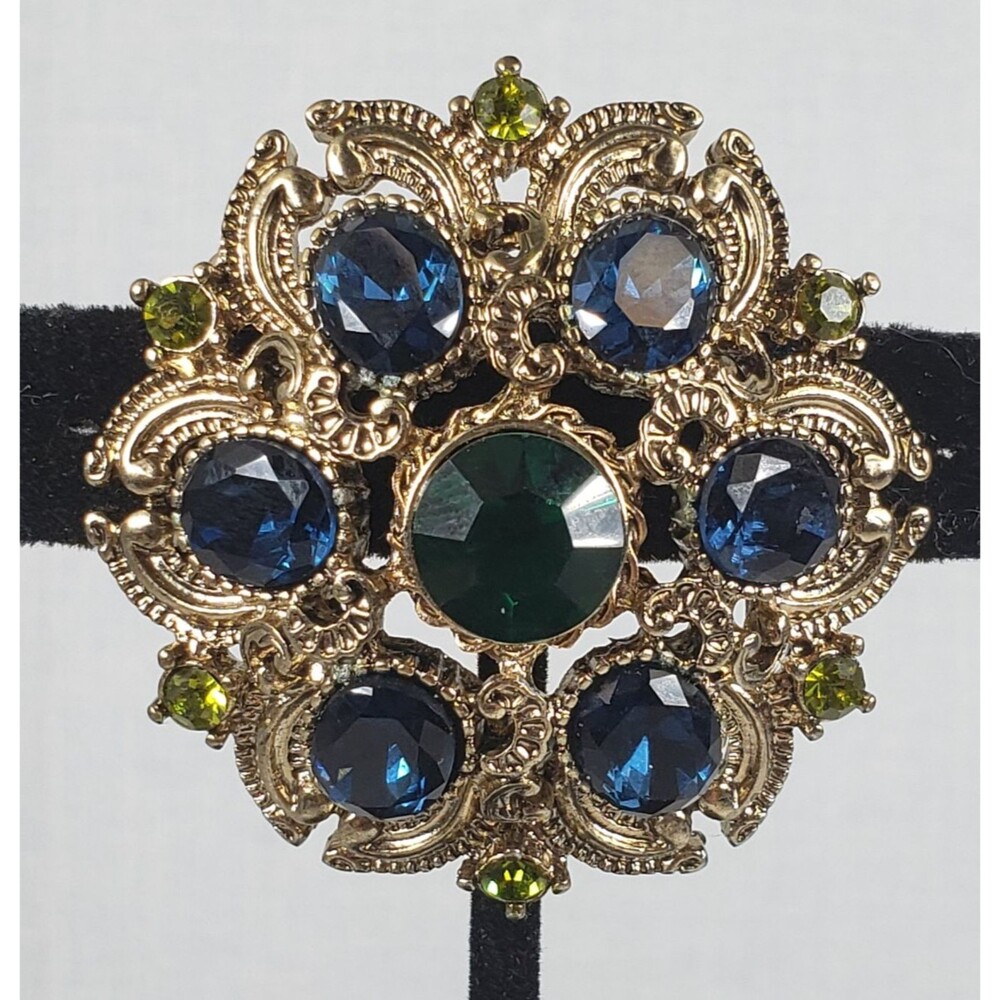 VTG Seqin Brand Dome Brooch Faceted Rhinestones Green Blue Gold Tone Open Work - Picture 2 of 16